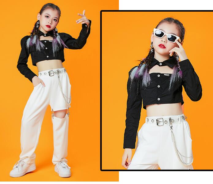 子供ダンス衣装 2点セットアップ キッズダンスウェア 女の子 ヒップホップ ジャズ ストリートダンス 衣装セット長袖Tシャツ＋白サルエルパンツ 発表会 学園祭 社交ダンス 舞台衣裳 ステージ衣装 おしゃれ120-170cm