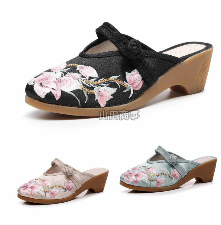 サンダル パンプス レディースチャイナシューズ 花刺繍 中華靴 中華シューズ スリッパ エスニック スト..