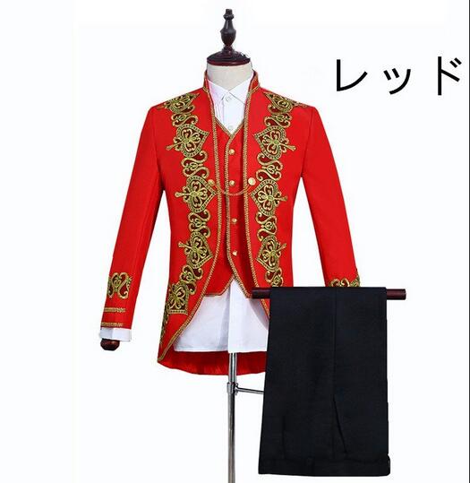 送料無料！舞台演出メンズスーツセット　3点セット　ベスト　ジャケット+パンツ　西洋ヨーロッパ宮廷風演出服　王子様　年会 刺しゅう司会者　撮影衣装　結婚式　演劇オペラ声楽 ステージ衣装 豪華 ジャズダンス衣装 JAZZ
