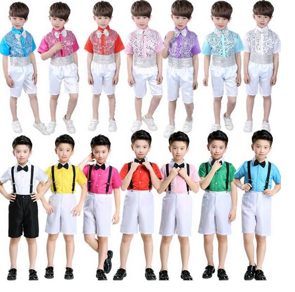 子供舞台ダンス衣装 サロペット　ショートパンツセット　スパンコール　リボン　男の子ステージ衣装団..