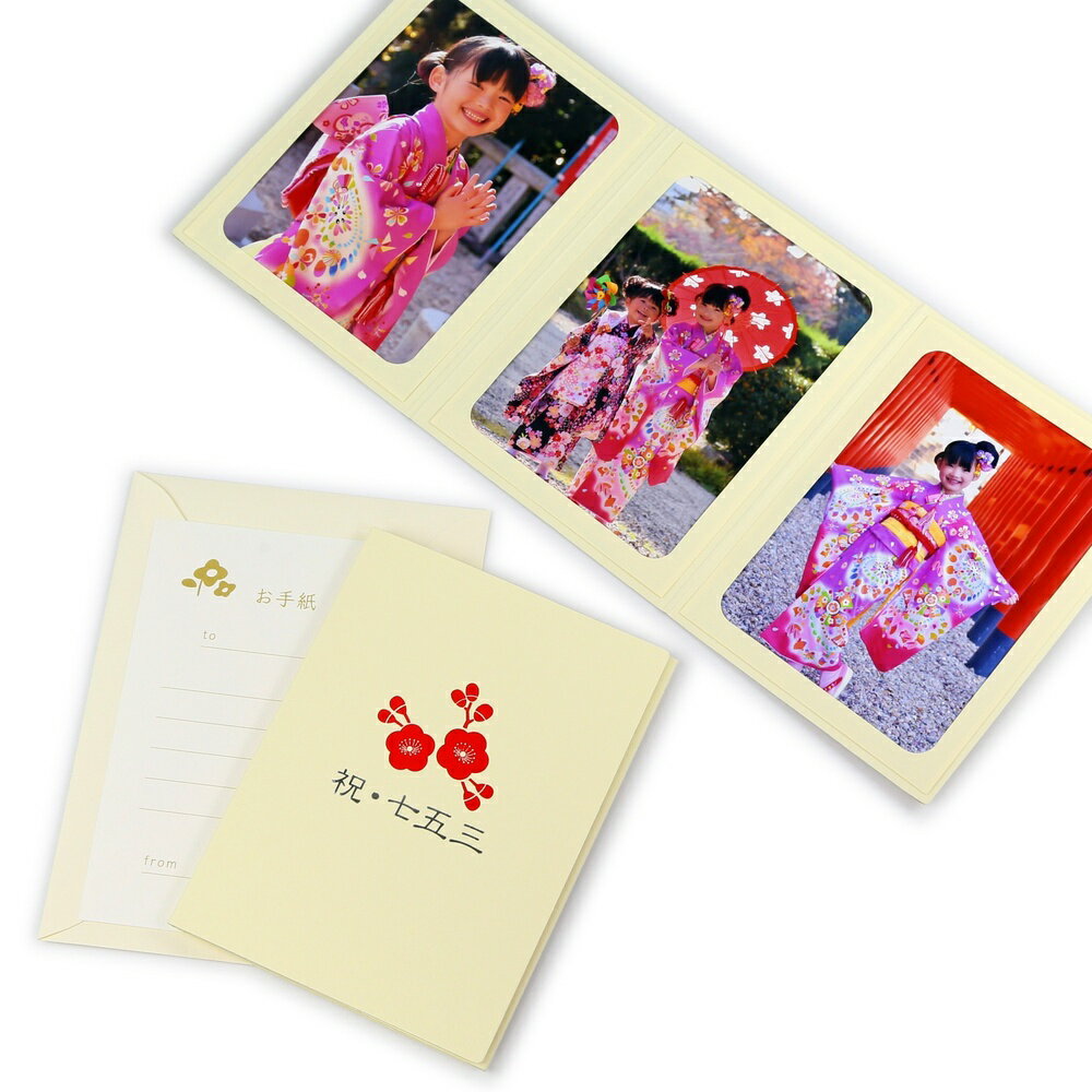 写真台紙 ペーパー フォトフレーム 祝・七五三/梅 2Lサイズ （127×178mm） 3面タテ クリーム