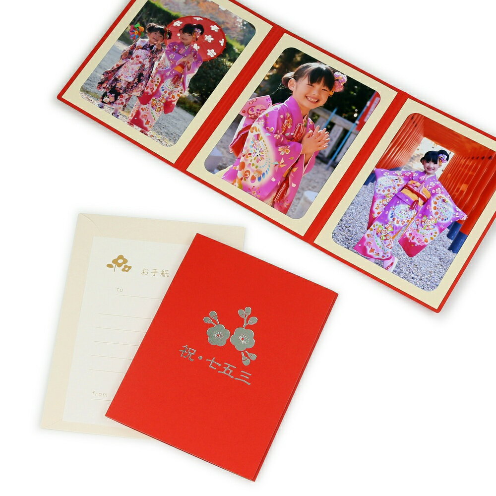 写真台紙 ペーパー フォトフレーム 祝・七五三/梅 2Lサイズ （127×178mm） 3面タテ レッド