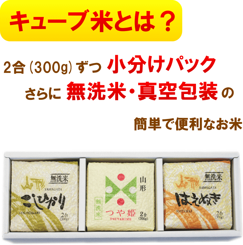 結婚式 プチギフト 送料無料 山形県産 つや姫 コシヒカリ はえぬき 各2個 キューブ米 無洗米 2合(300g)×6個 米 お試し 内祝い ギフト 非常食 防災