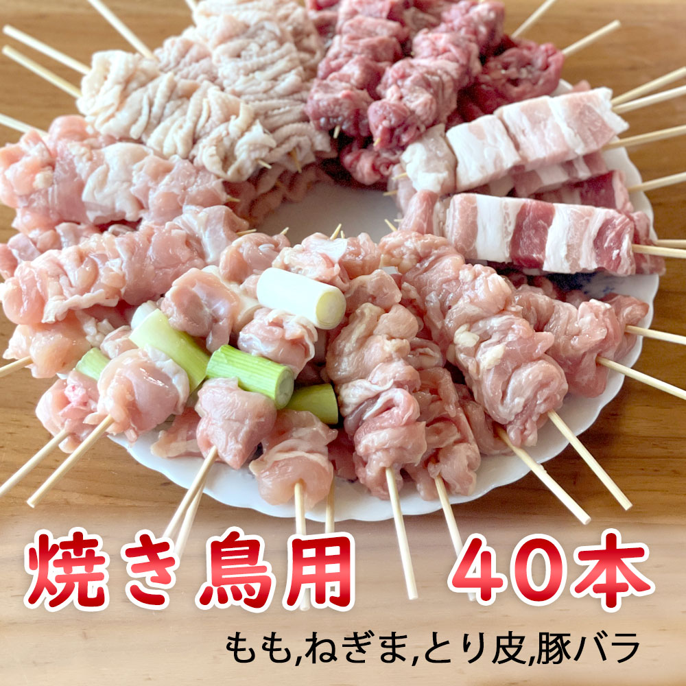 焼き鳥 串焼き ミックス 40本セット 冷凍 鶏もも、とり皮、ねぎま、豚バラ 生 山形市 肉の中村 送料無料 おうち時間 バーベキュー キャンプ オンライン 飲み会 焼き鳥屋