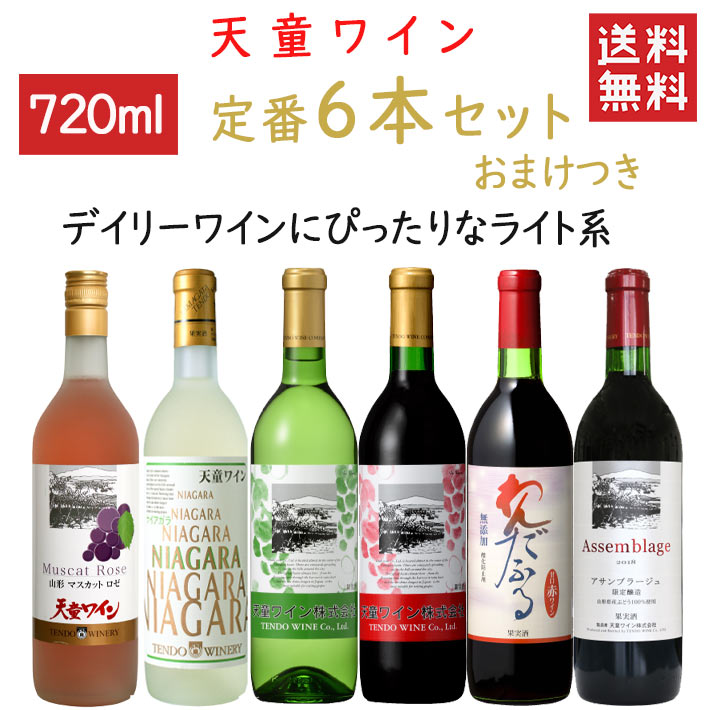 ワイン 飲み比べ 天童ワイン 定番720ml×6本セット おまけつき 送料無料 辛口3本 甘口3本 山形県 天童市