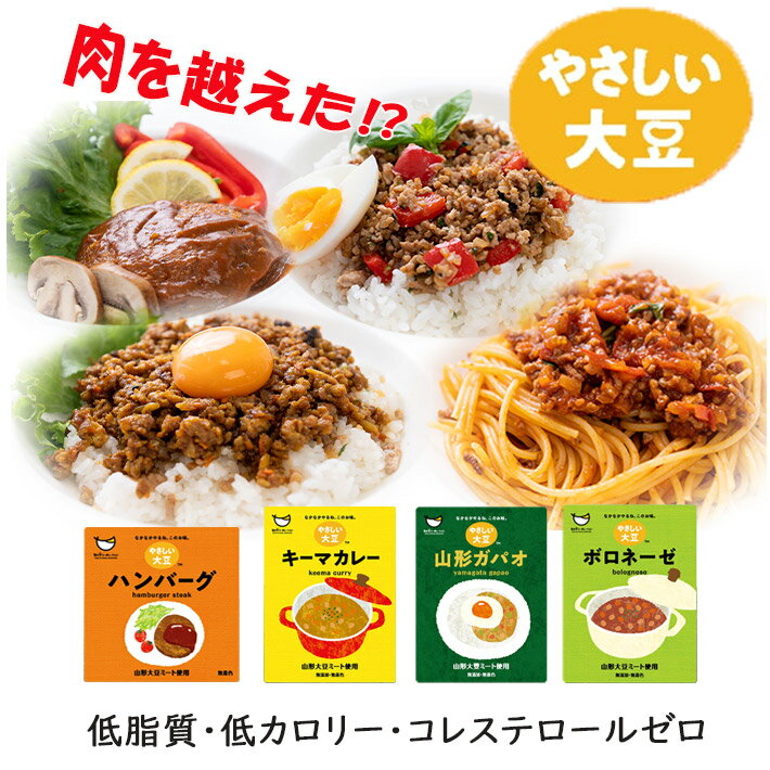 大豆ミート 無添加 やさしい大豆 4種セット(ハンバーグ・キーマカレー・ガパオ・ボロネーゼ) 山形 冷凍便