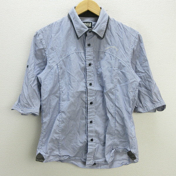 z■ピーピーエフエム/PPFM 5分袖シャツ ストライプ柄【M】白青系/men's/212【中古】■