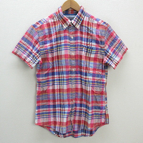 z■トミーヒルフィガー/TOMMY HILFIGER NEWYORK FIT チェック柄 半袖BDシャツ【S】赤/MENS/111【中古】■