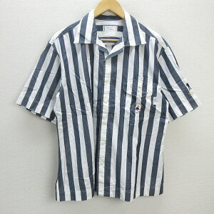 H■石原裕次郎記念館/ISHIHARA yujiro ストライプ柄 半袖オープンカラーシャツ【L】紺白/MENS■119【中古】
