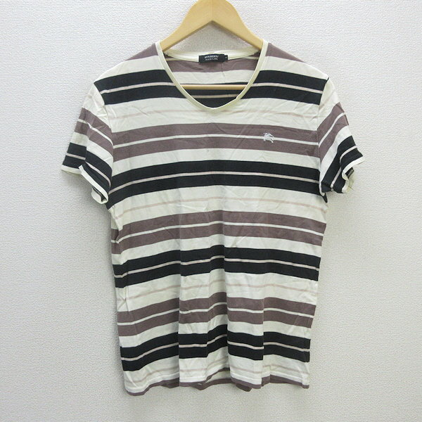 G■バーバリー/Burberry Blacklabel VネックTシャツ/マルチボーダー【3】白茶黒/men's/72【中古】■