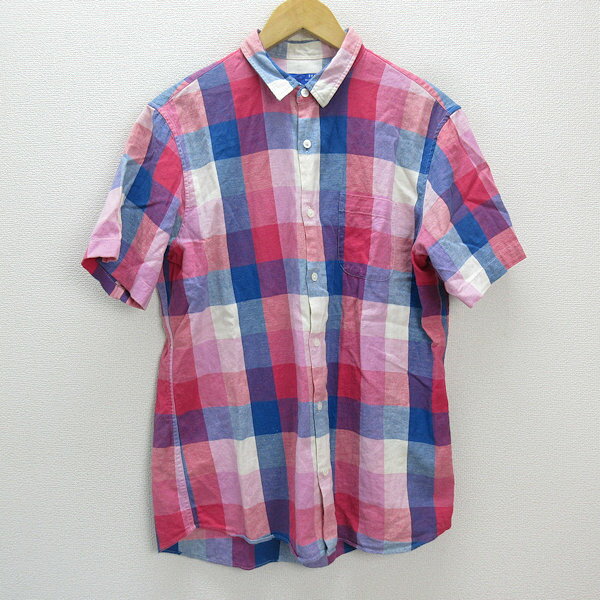 y■ビームス/BEAMSマルチカラー半袖シャツ■ピンク【メンズL】MENS/68【中古】