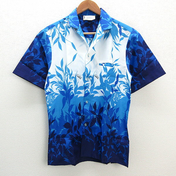 k■ロイヤルクリエーション/ROYAL CREATIONS リーフ柄 半袖アロハシャツ/ポリシャツ【S】青/MENS■160【中古】
