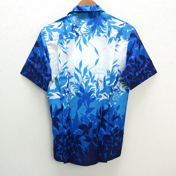 k■ロイヤルクリエーション/ROYAL CREATIONS リーフ柄 半袖アロハシャツ/ポリシャツ【S】青/MENS■160【中古】