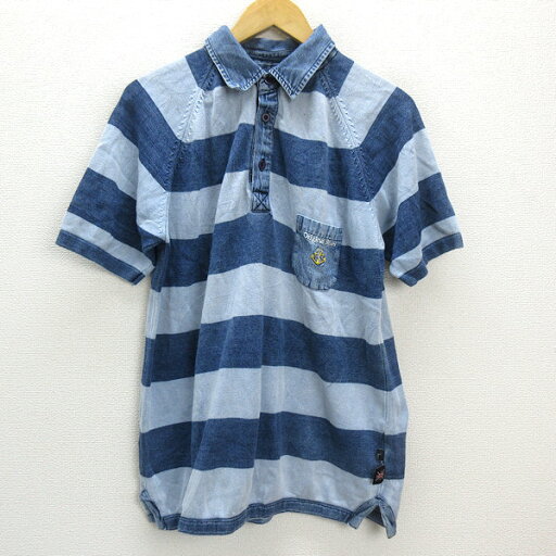 k■英国製■オリジナルブルース/ORIGINAL BLUES ボーダー柄 半袖ニットポロシャツ【L】藍/ロンハーマン/MENS■127 【中古】 k■英国製■オリジナルブルース/ORIGINAL BLUES ボーダー柄 半袖ニットポロシャツ【L】藍/ロンハーマン/MENS■127 【中古】