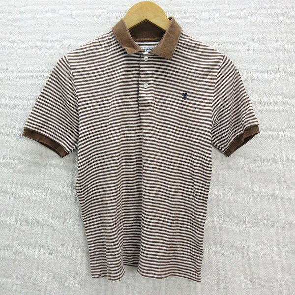 a■ジムフレックス/Gymphlex ロゴ刺繍 ボーダー柄 半袖ポロシャツ【M】茶/MENS/47【中古】