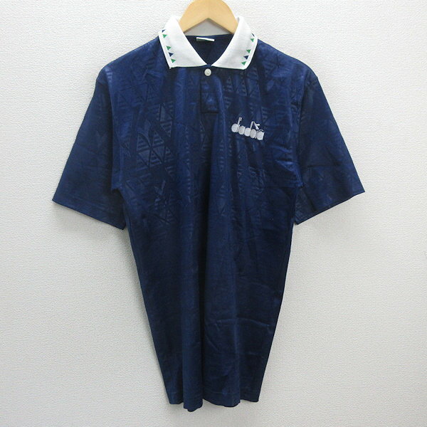 H■90s■ディアドラ/DIADORA 総柄 半袖ゲームシャツ ヴィンテージ【L】紺/MENS■133【中古】