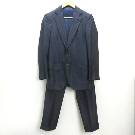 H■トゥモローランド/TOMORROWLAND ストライプ柄 スーツ上下セットアップ/総裏地 裾ダブル【44】紺/MENS■36【中古】 H■トゥモローランド/TOMORROWLAND ストライプ柄 スーツ上下セットアップ/総裏地 裾ダブル【44】紺/MENS■36【中古】