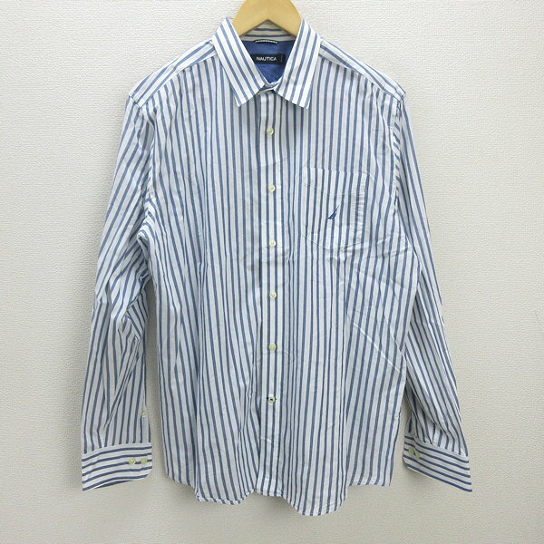 C■ノーティカ/NAUTICA ストライプ柄 胸ポケット 刺繍ロゴ 長袖シャツ【M】青白/men's■133【中古】■