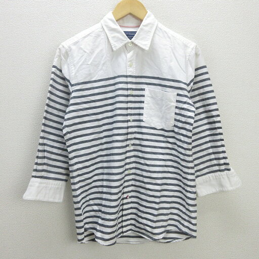 G■ナノユニバース/nano universe 七分袖シャツ/ボーダー柄【M】白灰/men's/122【中古】■ G■ナノユニバース/nano universe 七分袖シャツ/ボーダー柄【M】白灰/men's/122【中古】■