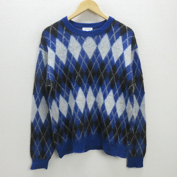 C■ユナイテッドアローズ/UNITED ARROWS アーガイル柄モヘアセーター/シャギー ニット【M】青系/MENS■35【中古】