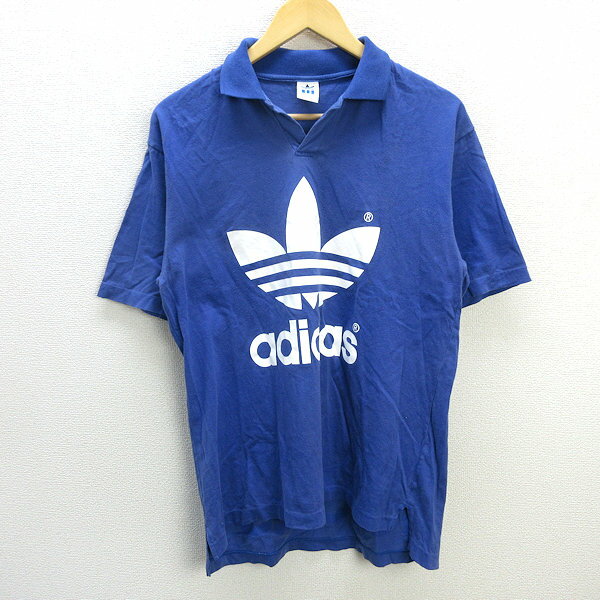 y■90'S デサント社製■アディダス/adidas 開襟 半袖ポロシャツ■青【M-L】トレフォイルロゴ/136【中古】