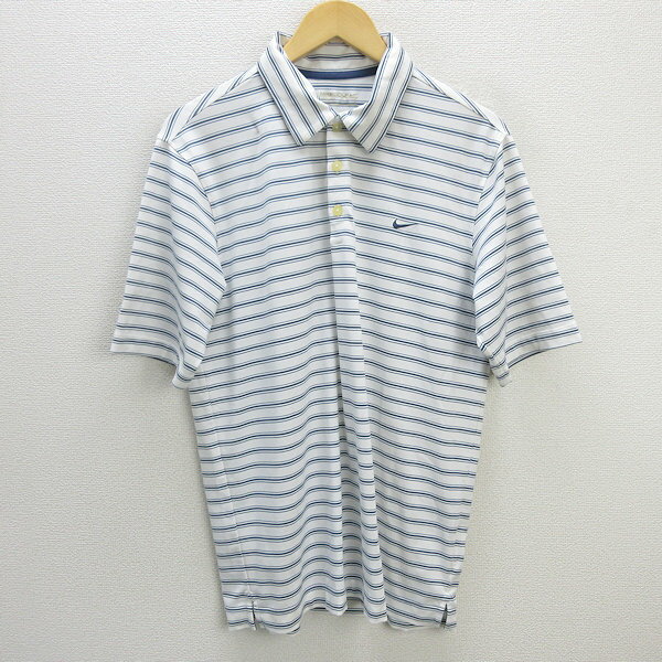 s■ナイキ/NIKE GOLF ボーダー柄ポロシャツ/ゴルフウェア/ストレッチ【L】白紺/MENS/129【中古】