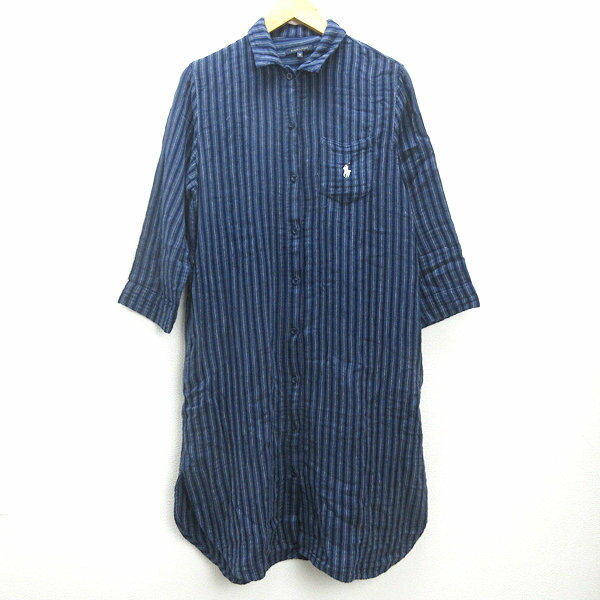 H■ラルフローレン/RALPH LAUREN ストライプ柄 長袖シャツワンピース【M】紺/LADIES■124【中古】