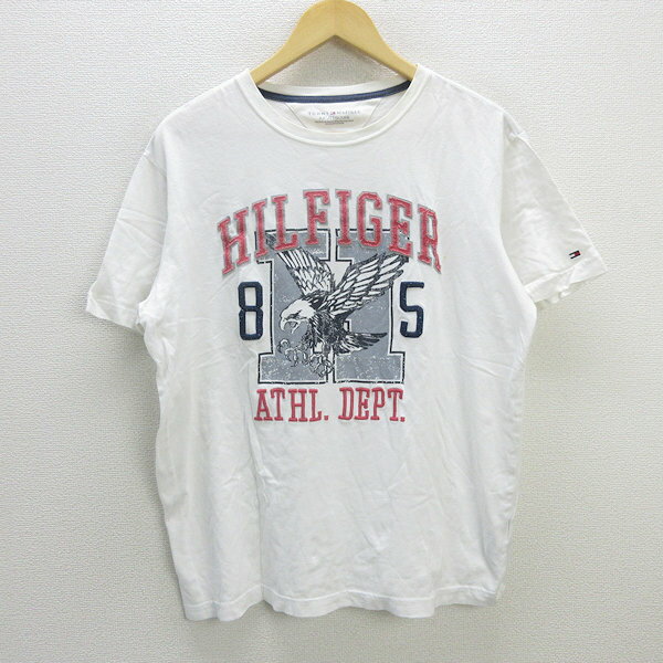 z■トミーヒルフィガー/TOMMYHILFIGER コットンTシャツ/プリント刺繍【XXL】白/men's/20【中古】■