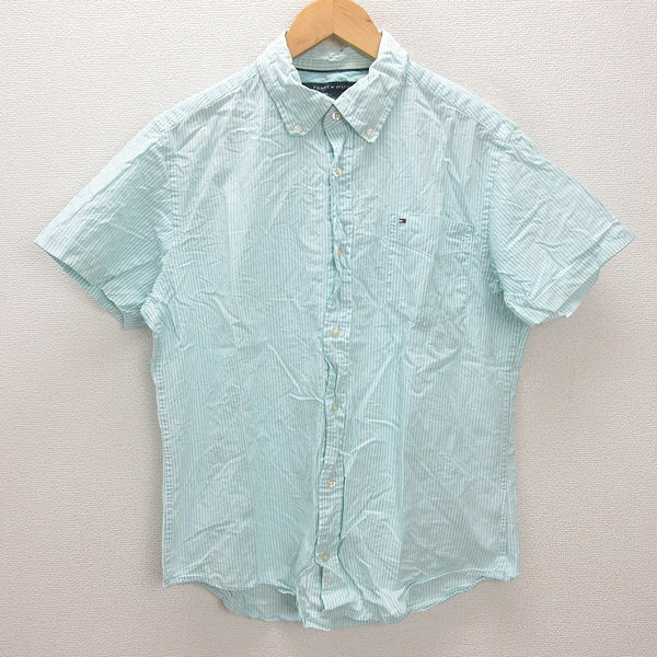 G■トミーヒルフィガー/TOMMYHILFIGER 半袖BDシャツ/ストライプ柄【XL】水色/men's/116【中古】■