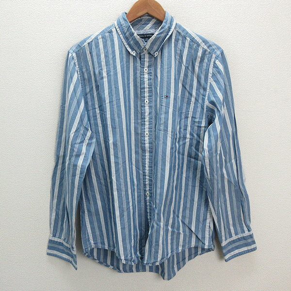 s■トミーヒルフィガー/TOMMY HILFIGER ストライプ柄 長袖BDシャツ【L/G】水色/MENS/76【中古】