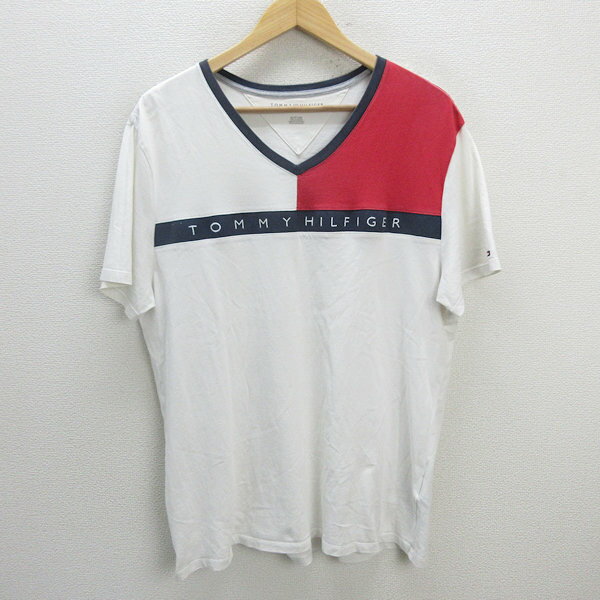 z■トミーヒルフィガー/TOMMYHILFIGER VネックロゴTシャツ【XL】白/men's/76【中古】