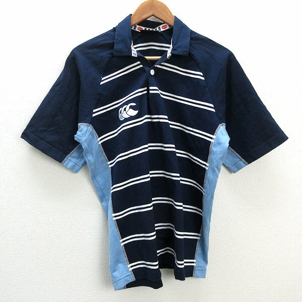 z■美品■カンタベリー/CANTERBURY ボーダー柄 半袖ラガーシャツ【S】紺/MENS■58【中古】