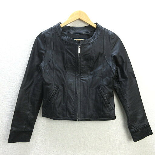 s■ビッキー/VICKY ノーカラー レザージャケット JKT【2】黒/LADIES/210【中古】 s■ビッキー/VICKY ノーカラー レザージャケット JKT【2】黒/LADIES/210【中古】
