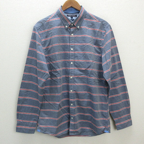 s■トミーヒルフィガー/TOMMY HILFIGER ボーダー柄 長袖BDシャツ【XL】灰系/MENS/114【中古】