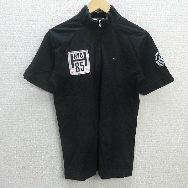 G■トミーヒルフィガー/TOMMYHILFIGER ハーフジップシャツ/コットン【S】黒/men's/62【中古】■