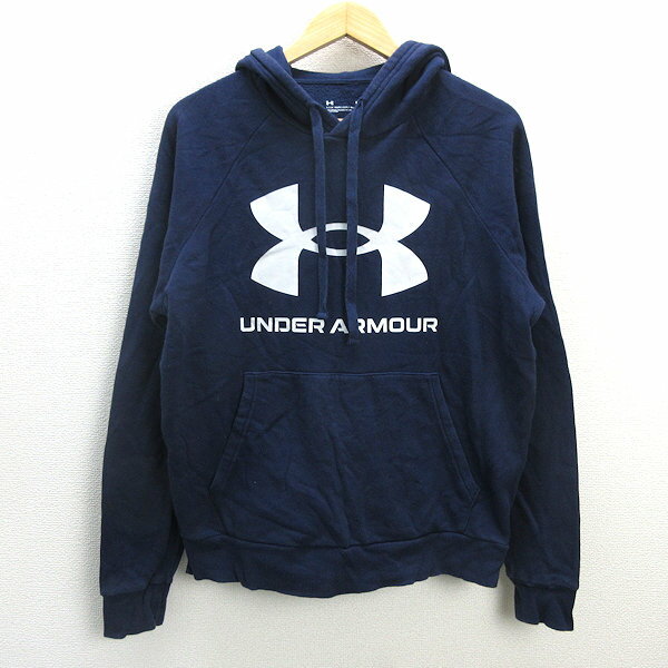 z■アンダーアーマー/UNDER ARMOUR ロゴプリントプルオーバーパーカー/トレーニングウエア 1357093【M】紺/men's/71【中古】■
