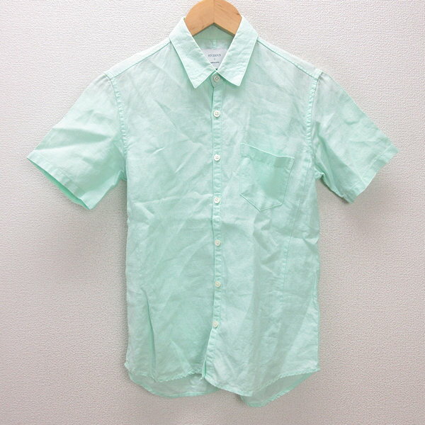 Q■日本製■STUDIOUS/ステュディオス 半袖リネンシャツ■黄緑【 0 】MENS/75【中古】