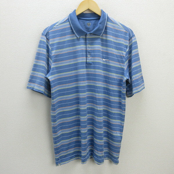 G■ナイキ/NIKE GOLF 半袖ドライポロシャツ/ボーダー【XL】青系/men's/7【中古】■