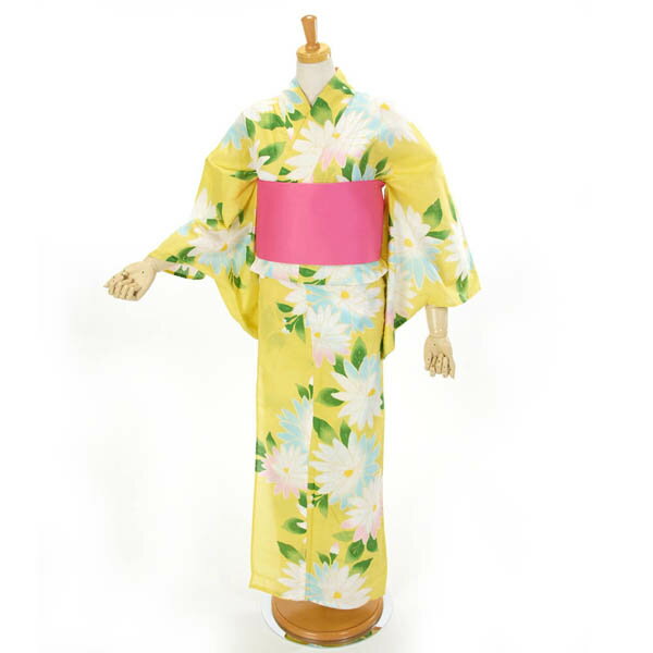 浴衣 レディース 2点セット 綿100％ 変わり織り 黄色 花柄【オプションで簡単に着られる加工が出来ます】
