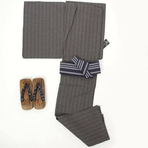 浴衣 メンズ 3点セット 上質ワンタッチ帯付 男 紳士 仕立て上がり しじら織 綿麻 涼しい天然繊維 グレー 市松 M・L 帯・下駄おまかせになります