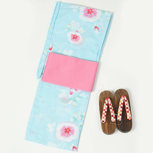 浴衣 レディース 3点セット フリーサイズ 半巾帯セット 綿100％ 紅梅織 涼しい 天然繊維 水色