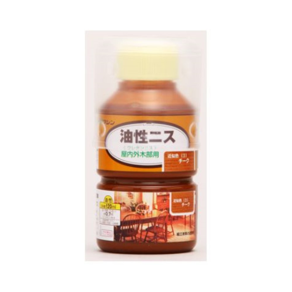 商品情報商品名油性ニス [チーク]メーカー和信ペイント 規格/品番 120ml サイズ 重量/容量 ●容量:120ml おすすめ ●長年愛用されている耐久性に優れたニス●着色とニス塗りが同時にできます●木目を生かし、美しく仕上がります●飴色(ハチミツ色)の塗膜が、年数が経ったような深みを生み出します●ひさしがある屋外なら使用できるので、玄関ドアなどにも使えます●塗膜が硬いので、工作品はもちろん、実用的な家具や、床にもご利用いただけます 仕様 ●用途:屋内木部、木工作品、実用家具、ひさしのある屋外木部(ドアなど)●塗り面積(2回塗り):約0.7m2(約0.5畳)●乾燥時間:約3〜4時間(20℃)●うすめ液:ペイントうすめ液、または難燃性ペイントうすめ液 梱包サイズ