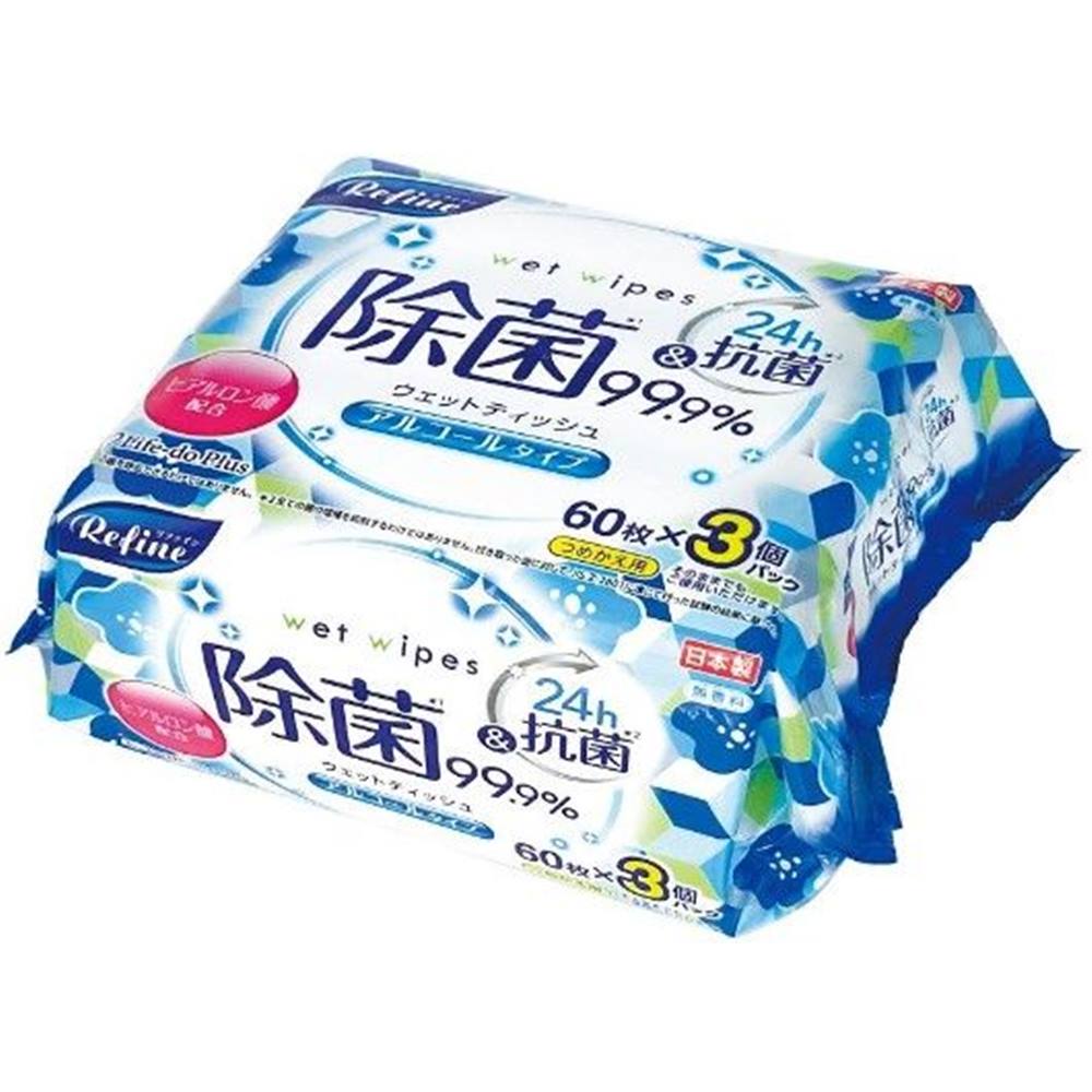 Life-do.Plus リファイン アルコール除菌 ウェットティッシュ [除菌 食卓 テーブル 無香料] 60枚×3パック