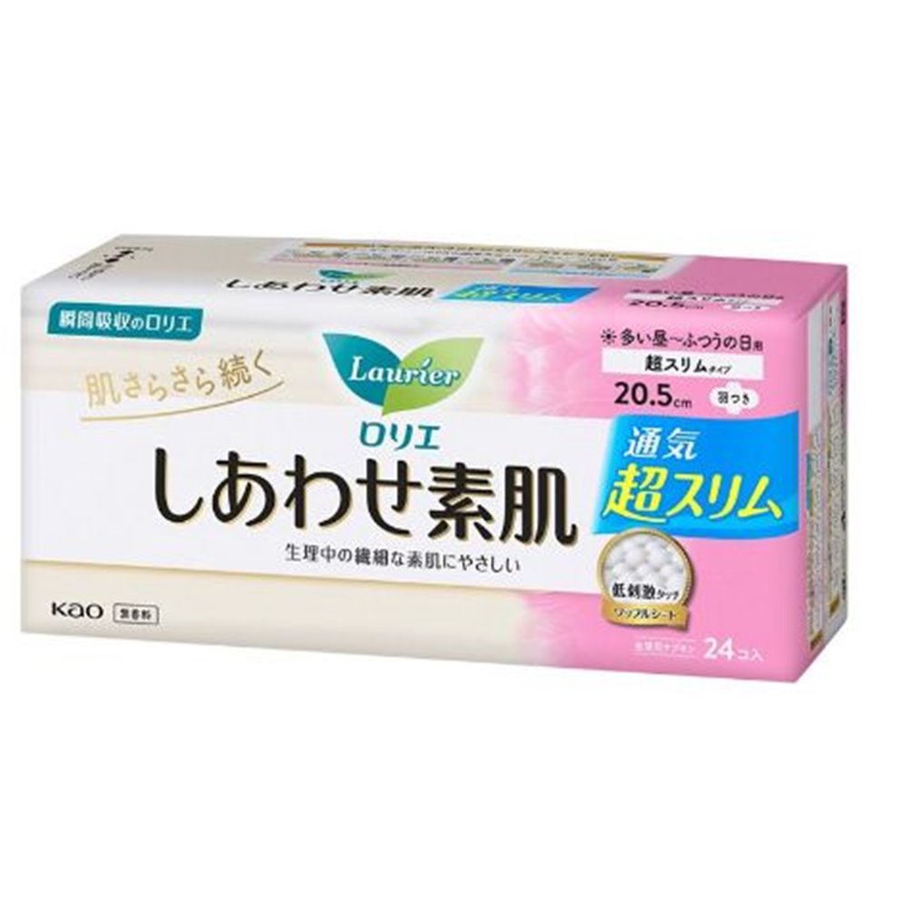 花王 ロリエ しあわせ素肌 通気超スリム 多い昼〜ふつうの日用20.5cm 羽つき [生理用品 ナプキン 瞬間吸収 さらさら 快適] 24コ入[医薬部外品]