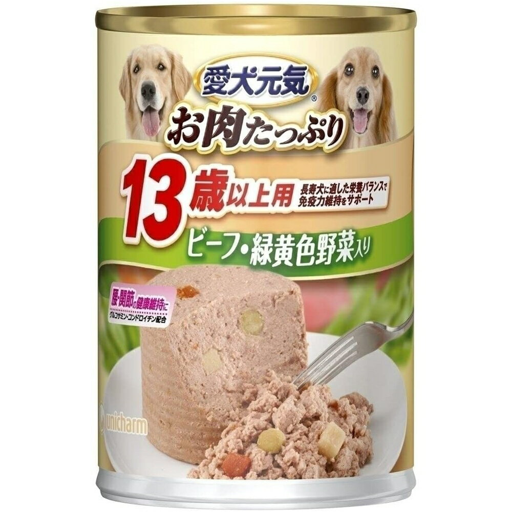 商品情報商品名愛犬元気缶 缶 お肉たっぷり ビーフ・緑黄色野菜入り 13歳以上用 [ドッグフード]メーカーユニ・チャームペット 規格/品番 375g サイズ 重量/容量 ●内容量:375g おすすめ ●13歳からの超高齢犬に必要な栄養バランスとグルコサミン・コンドロイチンを配合したおいしいフード 仕様 ●原材料:肉類(チキン、ビーフ、チキンエキス等)、野菜類(ニンジン、グリーンピース、ポテト)、でん粉類(コーンスターチ等)、穀類(小麦粉等)、動物性油脂、ミネラル類(Cl、Cu、Fe、K、Mn、Na、Zn)、増粘安定剤(カラギーナン)、着色料(二酸化チタン)、ビタミン類(A、B1、B2、B6、B12、C、D、E、コリン、ナイアシン、パントテン酸)、グルコサミン、発色剤(亜硝酸Na)、コンドロイチン●成分:粗タンパク質/5.5%以上、粗脂肪/4.5%以上、粗繊維/1.5%以下、粗灰分/4.0%以下、水分/85.0%以下●生産国:中国 梱包サイズ