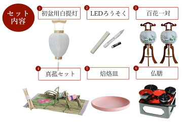 初盆セット 新盆セット 盆提灯 6点 セット 百花 2本一対 光触媒 木製 白提灯 LEDろうそく 1本 真菰セット 焙烙皿 仏膳 提灯 仏壇 贈り物 初盆提灯 新盆提灯