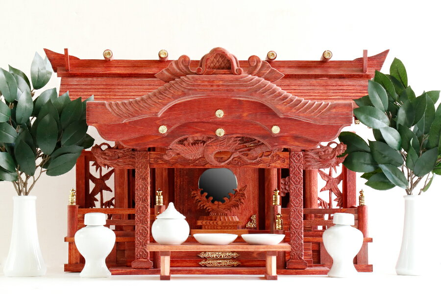 赤の双龍 モダン 大型 神棚セット 紅い神棚 ■■ 赤龍 一社 ■■美彫り 昇龍大社 / 入母屋 ■せともの神具セット ■ 高級ひのき製 特別・限定仕様 家具調モダン神棚 神棚 神具 仏具 盆提灯 やまこう 山幸