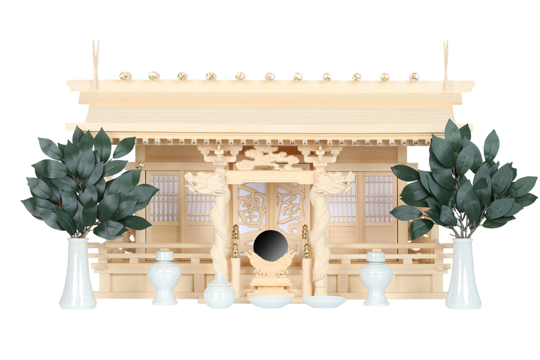 神棚セット 風神雷神龍神 優雅 三社 パール神具セット 宿る神々 檜葉製 神棚 神具 仏具 盆提灯 やまこう 山幸