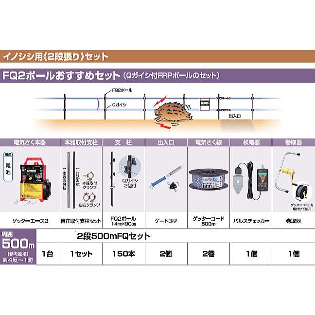 末松電子製作所 電気柵セット イノシシ用 2段張りセット 2段500mFQセット 周囲500m...