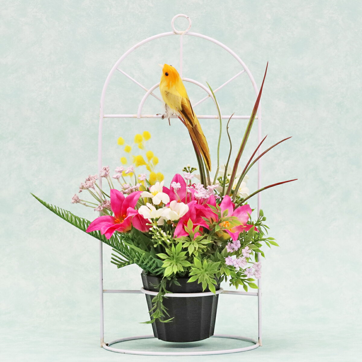 造花 鳥かごモチーフの春のアレンジ CT触媒 光触媒 シルクフラワー フラワーアレンジ インテリア フラワーアレンジメント arg